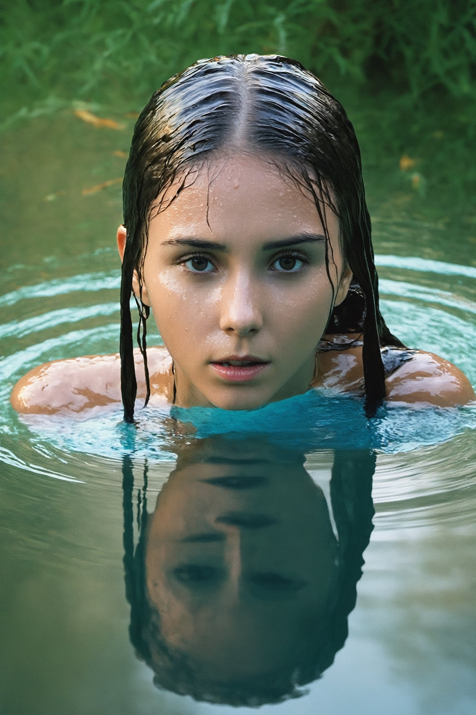 girl, water, a lonely wolf, liona-xl out of water, the girl consists of water. Very wet face,  water on face, wet hair by water, water splash, water dripping, detailed portrait, tree from which the foliage is flying around, there is a beautiful liona-xl standing next to it in such a very light transparent weave, fabulousness from above details, perfect composition, super detail, high detail, cinematic composition, post-apocalyptic, atompunk, face in the center, hyper realism, by Lenkaizm, detailed drawing, sharp focus, water reflection, aerial view,  vivid color.,