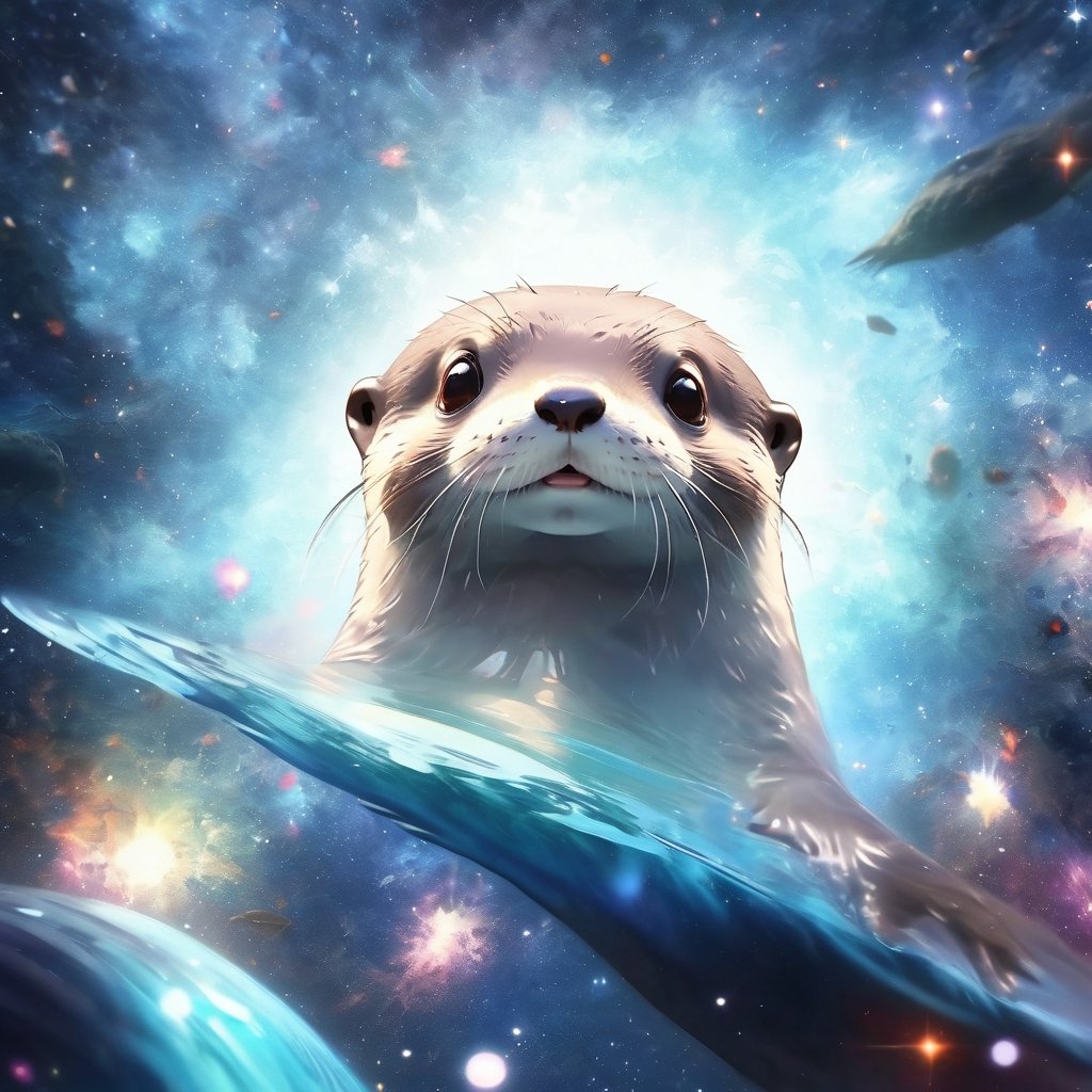 A cute otter swimming in deep space, realistic deep space background, naruto style, colorfull, eye contact, galaxies in background, masterpiece,  extremely best quality,  official art,  cg 8k wallpaper,  (Fantasy Style:1.1),  (artistic atmosphere:1.2), pixiv 10000 users,  highly detailed,  pixiv, incredibly detailed, (best quality)