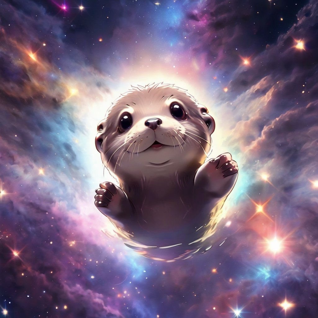 A cute otter swimming in deep space, realistic deep space background, naruto style, colorfull, eye contact, galaxies in background, masterpiece,  extremely best quality,  official art,  cg 8k wallpaper,  (Fantasy Style:1.1),  (artistic atmosphere:1.2), pixiv 10000 users,  highly detailed,  pixiv, incredibly detailed, (best quality)