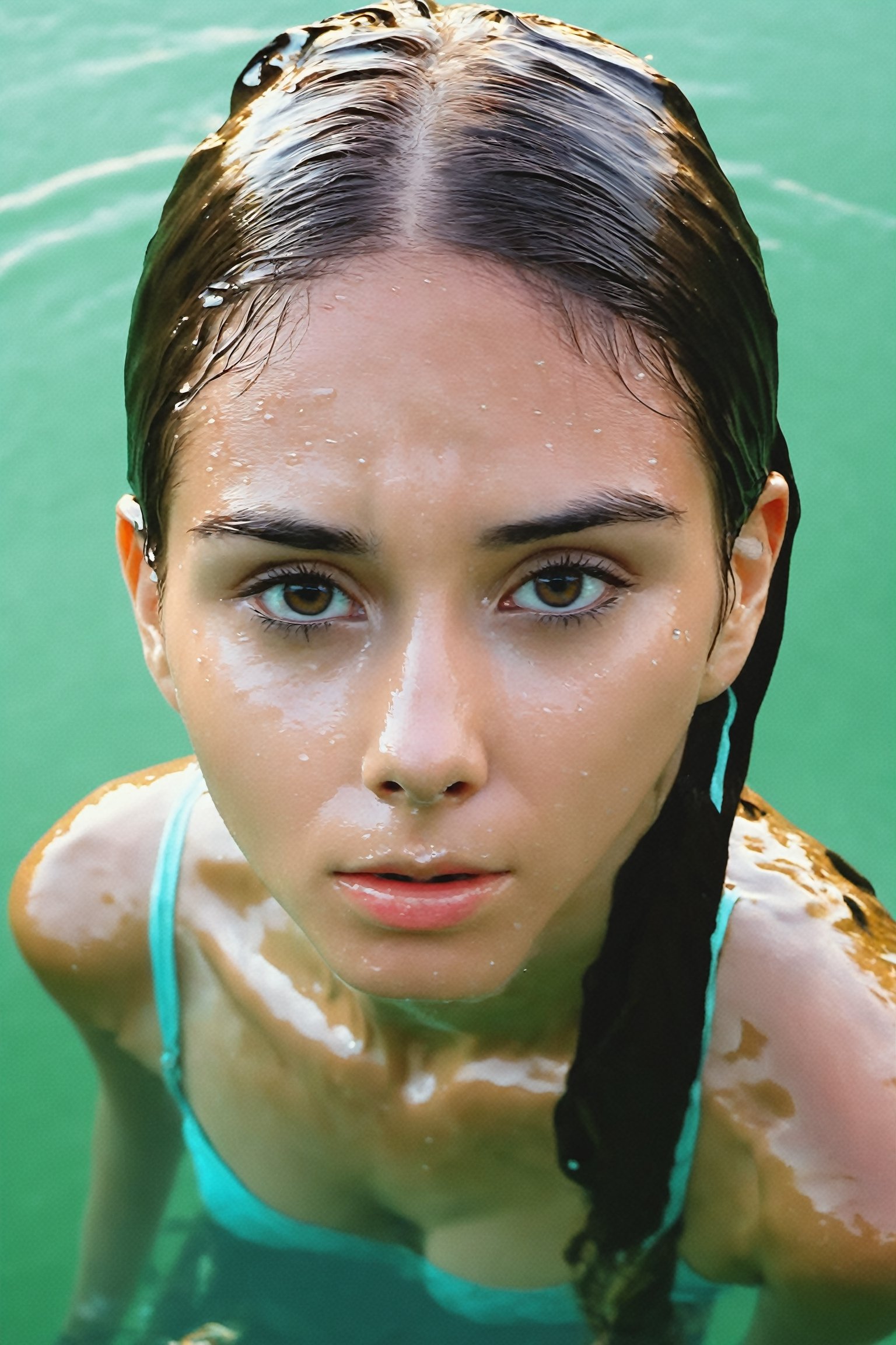 girl, water, a lonely wolf, liona-xl out of water, the girl consists of water. Very wet face,  water on face, wet hair by water, water splash, water dripping, detailed portrait, tree from which the foliage is flying around, there is a beautiful liona-xl standing next to it in such a very light transparent weave, fabulousness from above details, perfect composition, super detail, high detail, cinematic composition, post-apocalyptic, atompunk, face in the center, hyper realism, by Lenkaizm, detailed drawing, sharp focus, water reflection, aerial view,  vivid color.,