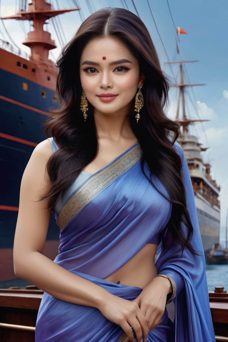 Aishwarya Rai Indian actress, seductive Masterpiece, Best Quality, (Anime: 1.8), The Woman, ((Latin Style)), ((Long Black Hair)), ((Black Eyes)), ((GYoun-jung)), satin saree , Darkwear ((saree , ((Lieutenant)), ((Techwear)), sky-blue and violet Fashion Style,Posing next to a ship in the shadows, highly detailed portrait, digital painting, concept art sharp, soft focus illustration, Artstation HQ, 8K Ultra HD portrait full body sexy