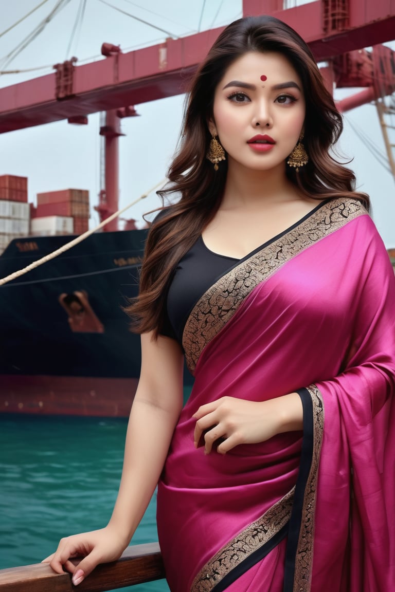 Hansika motwani Indian actress, seductive Masterpiece, Best Quality, (Anime: 1.8), The Woman, ((Latin Style)), ((Long Black Hair)), ((Black Eyes)), ((GYoun-jung)), satin saree , Darkwear ((saree , ((Lieutenant)), ((Techwear)), maroon and pink Fashion Style,Posing next to a ship in the shadows, highly detailed portrait, digital painting, concept art sharp, soft focus illustration, Artstation HQ, 8K Ultra HD portrait full body sexy