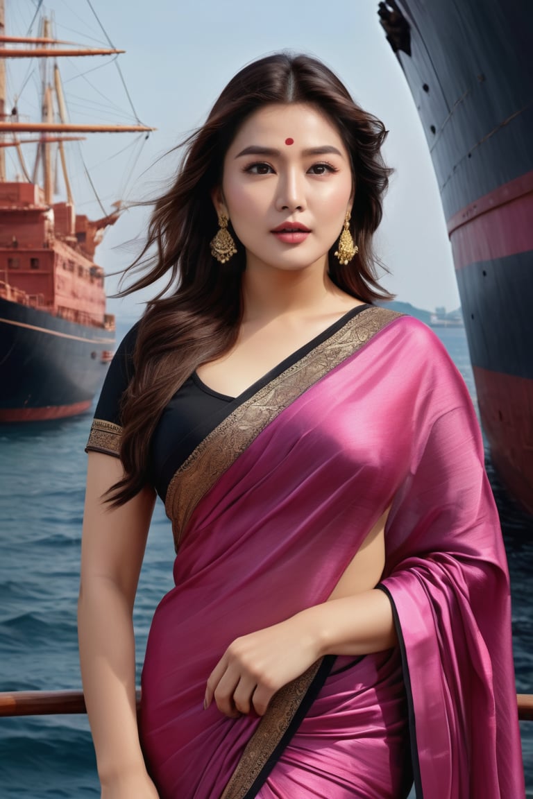 Hansika motwani Indian actress, seductive Masterpiece, Best Quality, (Anime: 1.8), The Woman, ((Latin Style)), ((Long Black Hair)), ((Black Eyes)), ((GYoun-jung)), satin saree , Darkwear ((saree , ((Lieutenant)), ((Techwear)), maroon and pink Fashion Style,Posing next to a ship in the shadows, highly detailed portrait, digital painting, concept art sharp, soft focus illustration, Artstation HQ, 8K Ultra HD portrait full body sexy