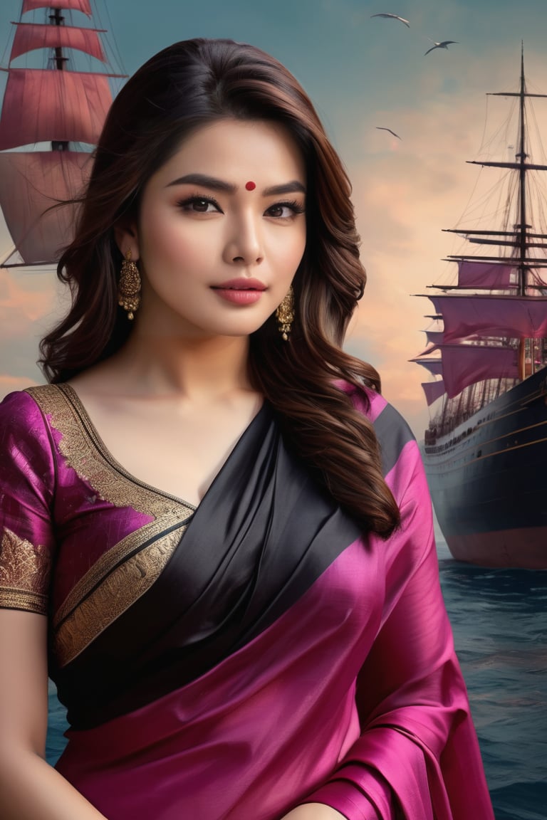 Hansika motwani Indian actress, seductive Masterpiece, Best Quality, (Anime: 1.8), The Woman, ((Latin Style)), ((Long Black Hair)), ((Black Eyes)), ((GYoun-jung)), satin saree , Darkwear ((saree , ((Lieutenant)), ((Techwear)), maroon and pink Fashion Style,Posing next to a ship in the shadows, highly detailed portrait, digital painting, concept art sharp, soft focus illustration, Artstation HQ, 8K Ultra HD portrait full body sexy