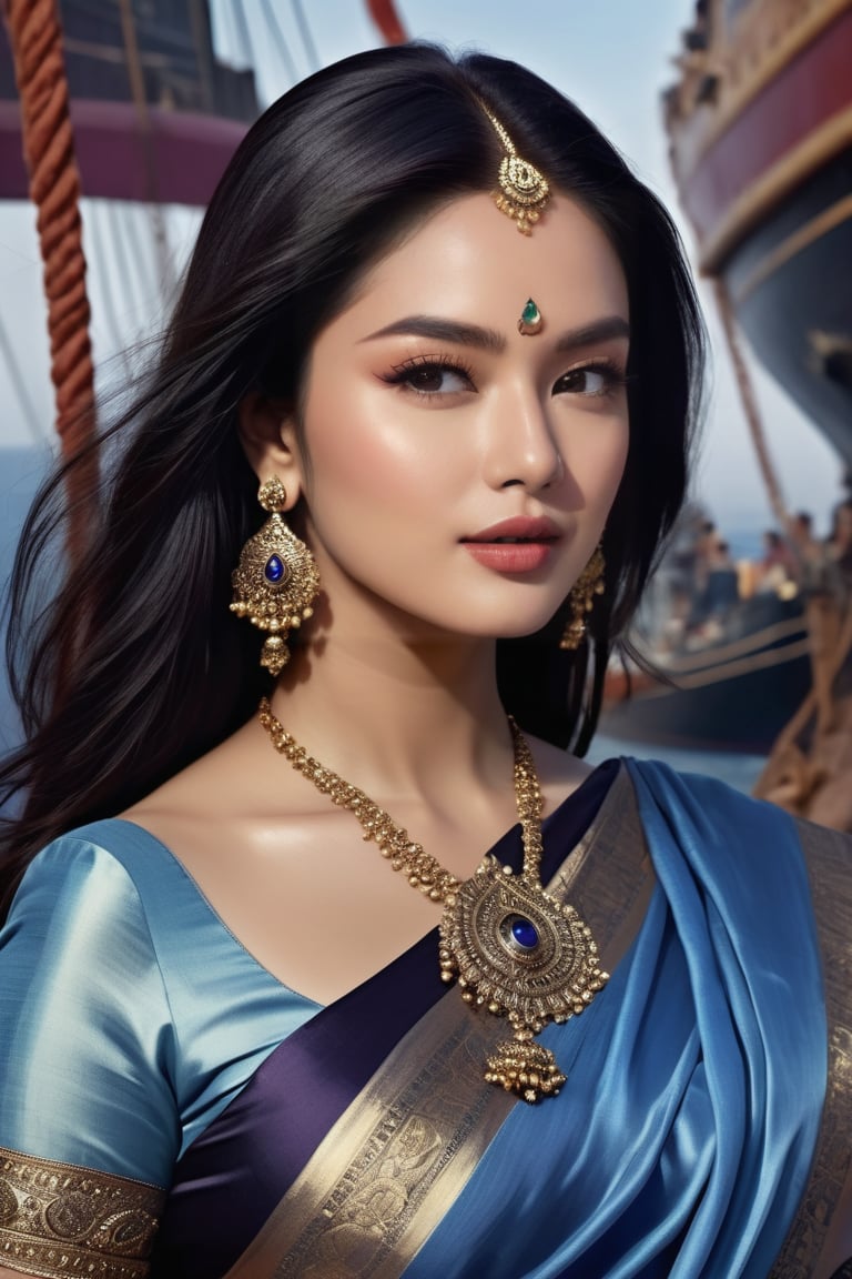 Aishwarya Rai Indian actress, seductive Masterpiece, Best Quality, (Anime: 1.8), The Woman, ((Latin Style)), ((Long Black Hair)), ((Black Eyes)), ((GYoun-jung)), satin saree , Darkwear ((saree , ((Lieutenant)), ((Techwear)), sky-blue and violet Fashion Style,Posing next to a ship in the shadows, highly detailed portrait, digital painting, concept art sharp, soft focus illustration, Artstation HQ, 8K Ultra HD portrait full body sexy