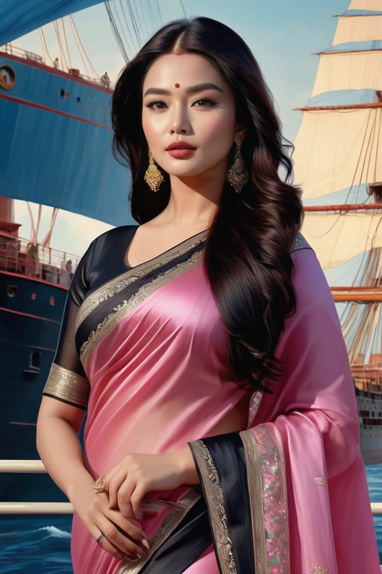 Aishwarya Rai Indian actress, seductive Masterpiece, Best Quality, (Anime: 1.8), The Woman, ((Latin Style)), ((Long Black Hair)), ((Black Eyes)), ((GYoun-jung)), satin saree , Darkwear ((saree , ((Lieutenant)), ((Techwear)), sky-blue and pink Fashion Style,Posing next to a ship in the shadows, highly detailed portrait, digital painting, concept art sharp, soft focus illustration, Artstation HQ, 8K Ultra HD portrait full body sexy