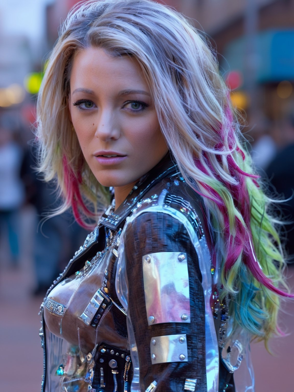 ultra highly intricate detailed 8k, UHD, professional photo,Beautiful cyborg, cowboy girl ,Transparent vinyl jacket, multicolored hair, cyber,  punk town,
,blake lively