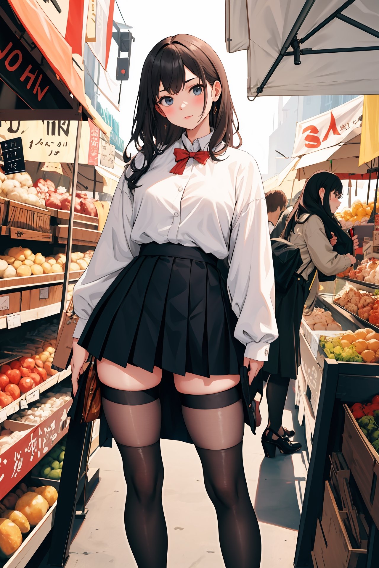 (best quality, masterpiece, highres),1girl,solo,muscle,heels,skirt,black legwear,foot focus,market stall,dynamic_angle,,
