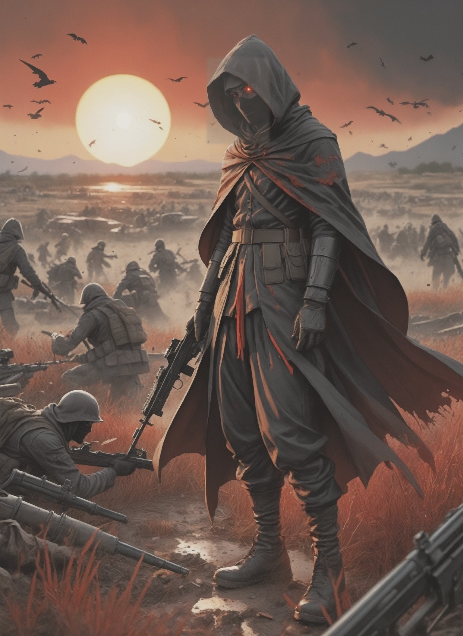 photorealistic highly detailed 8k raw anime artwork, (Hooded figure overlooks battlefield:1.3), (Sinking sun paints red:1.2), Fallen troops seen, Stealthy assassin, Determined eyes, Weapon raised, Ominous battleground, Intense shadows, Gripping scene, Lifelike, precise, detailed, top down perspective
