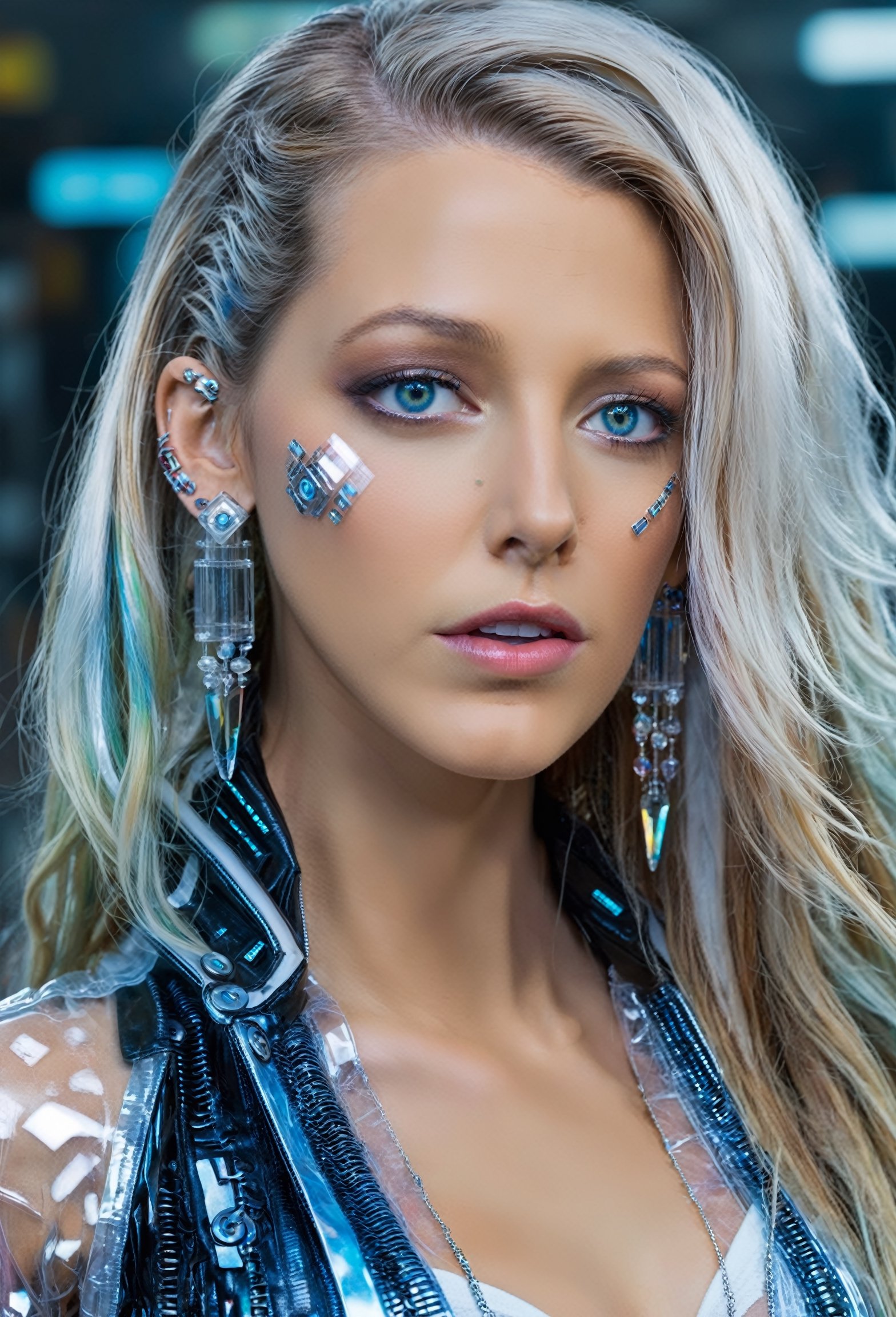 ultra highly intricate detailed 8k, UHD, professional photo,1girl,beautiful cyborg, long hair,Transparent vinyl jacket, earrings, multicolored hair, jewelry, parted lips, blue eyes, looking at viewer,cyberpunk,  open clothes, lips,
,blake lively