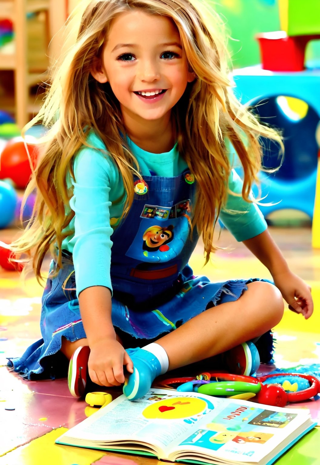 a girl,full body,pixar style,long messy hair, smilling,kindergarten, some kid toys, messy book, painting on the floor, playing together, bright light, playfull,blake lively