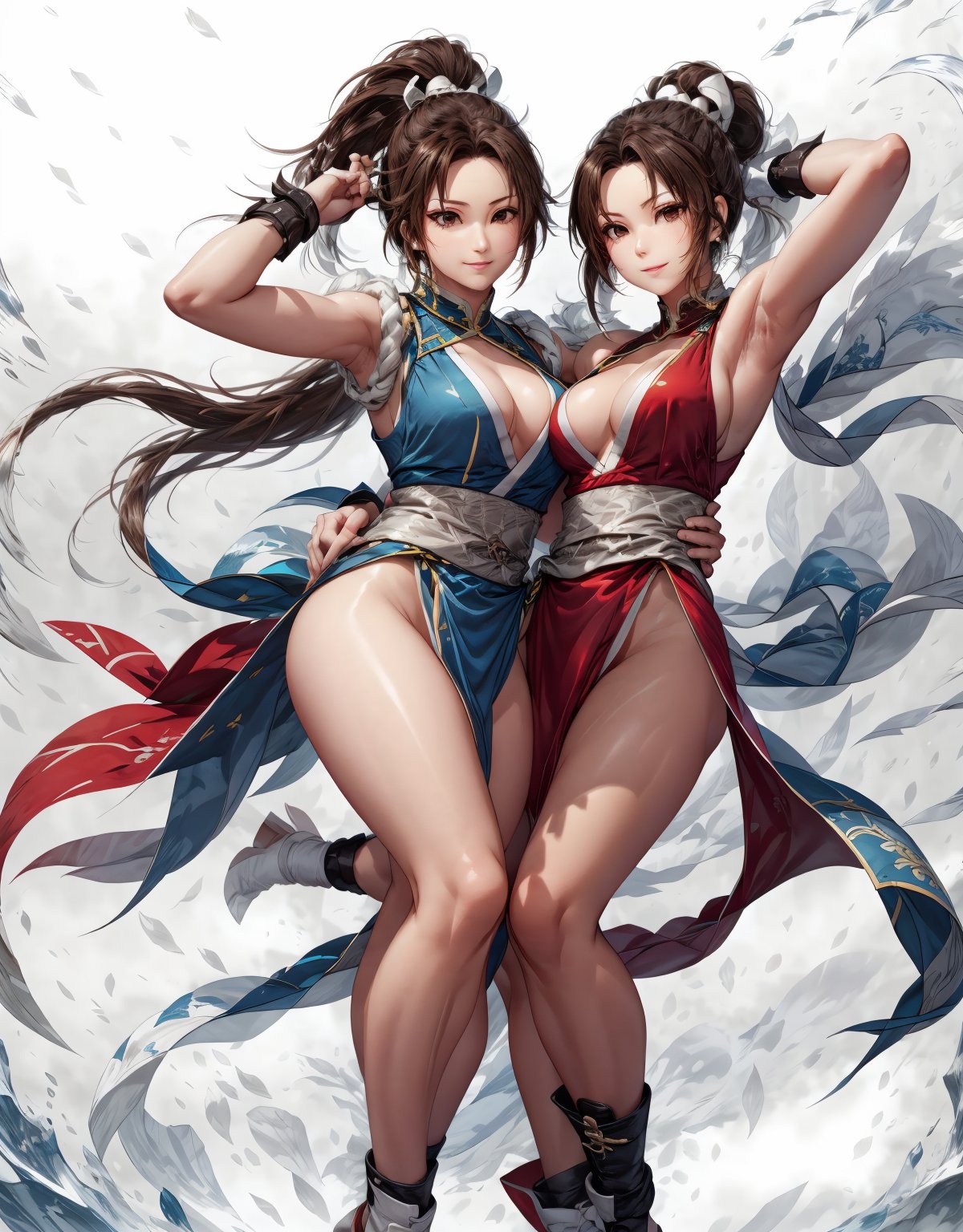 pictures of 2 beautiful girls, 2girl, multiple girls, chun li and shiranui mai, looking at viewer, smiling, hug, cute pose, outside, blue sky, extreme detail, masterpiece, beautiful quality, shiranui mai, BREAK chun li,bzhw