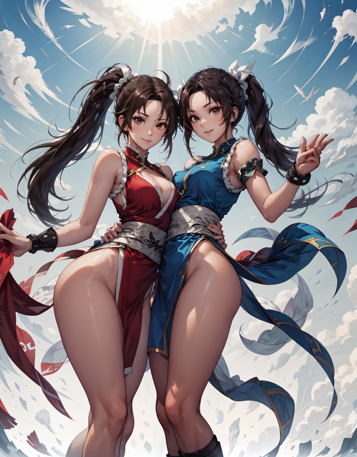 pictures of 2 beautiful girls, 2girl, multiple girls, chun li and shiranui mai, looking at viewer, smiling, hug, cute pose, outside, blue sky, extreme detail, masterpiece, beautiful quality, shiranui mai, BREAK chun li,bzhw