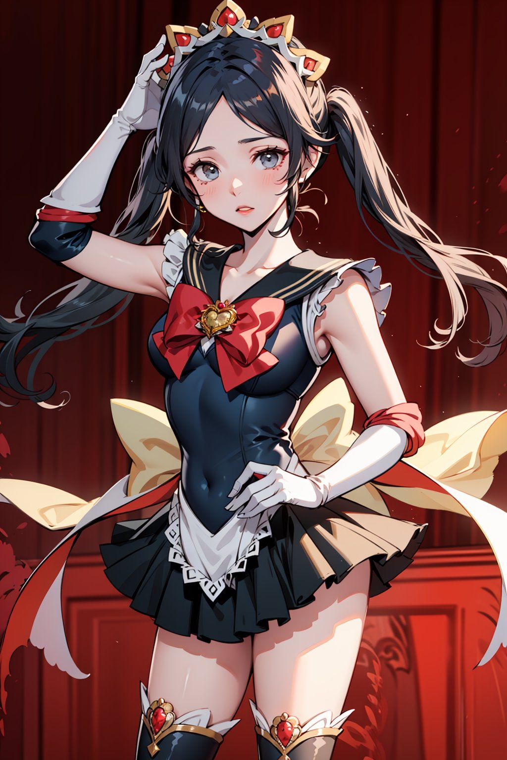 masterpiece, best quality, 1girl, solo, standing,  lora:Char_fef-FlorabyRichy:0.8, floradef, maid, maid headdress, black thighhighs, lora:Outfit_SailorMoon:0.9, sailor moon outfit
,floradef,sailor moon outfit