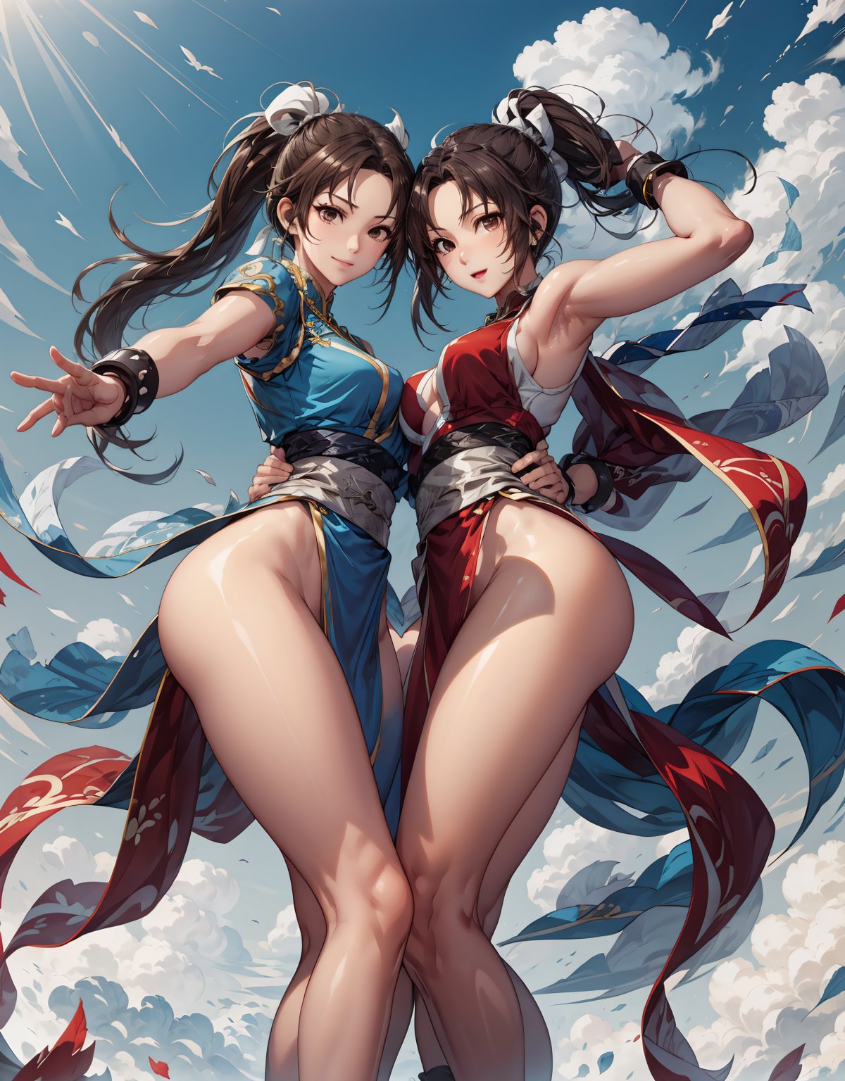 pictures of 2 beautiful girls, 2girl, multiple girls, chun li and shiranui mai, looking at viewer, smiling, hug, cute pose, outside, blue sky, extreme detail, masterpiece, beautiful quality, shiranui mai, BREAK chun li,bzhw