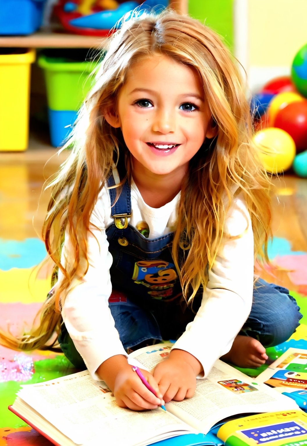 a girl,full body,pixar style,long messy hair, smilling,kindergarten, some kid toys, messy book, painting on the floor, playing together, bright light, playfull,blake lively