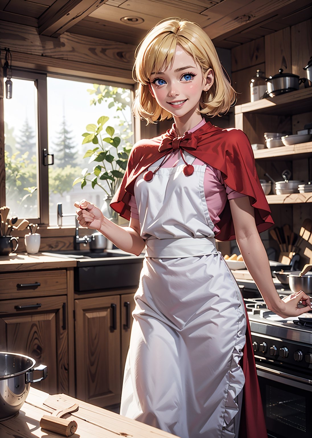 girl, blonde hair, blue eyes, red dress, apron,capelet, looking at viewer, smiling, 
standing inside a cabin kitchen, wood interior, cooking, window, natural lighting, extreme detail, masterpiece, lora:bbh:.8
