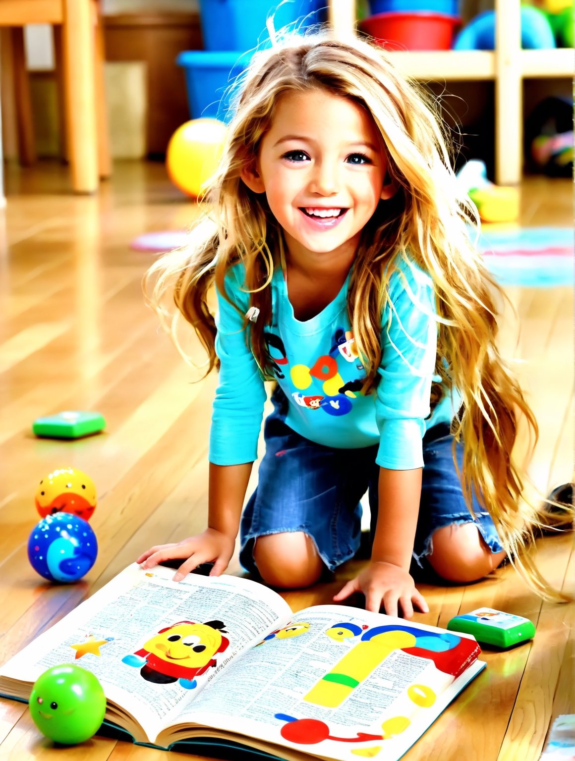 a girl,full body,pixar style,long messy hair, smilling,kindergarten, some kid toys, messy book, painting on the floor, playing together, bright light, playfull,blake lively