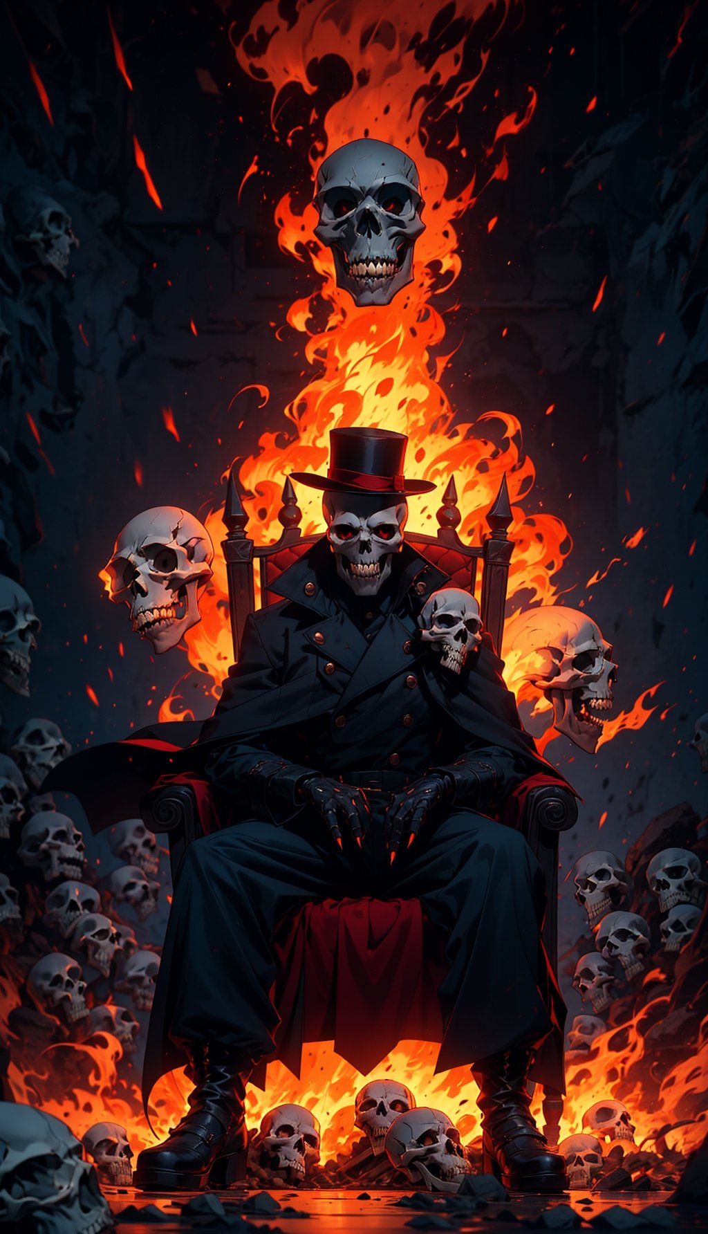 (Masterpiece, best quality, ultra-detailed, best shadow, Unreal Engine 5), (detailed background), one man, ((evil skull head with sharp teeth)), black polo with three buttons, armor shoulder plates, flicking the finger, ((red-colored apparel, often in the form of long, two-tailed coats)), open coat, black fingerless gloves, black military-style boots, sitting on a throne surrounded by skeletons, fire-around, rocks, ruins, red-eyes, eyes-glowing, top hat, rain-fire, fire around her,SAM YANG,3DMM,EpicSky