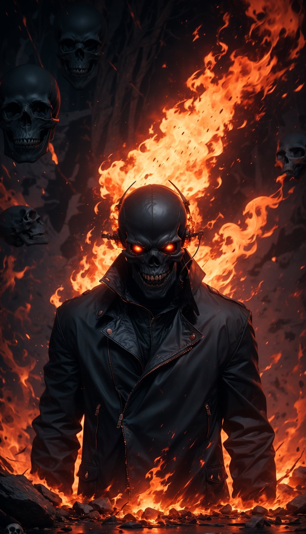 (Masterpiece, best quality, ultra-detail, best shadows, Unreal Engine 5), (detailed background), one person, ((evil skull head with sharp teeth)), black polo with three buttons, 'upper body, of close', ((red clothing, often in the form of a long two-tailed coat)), open coat, black fingerless gloves, black military-style boots, fire, rocks, ruins, red eyes, shining eyes, (( use headset music)), rain-fire, fire all around, explosion background, SAM YANG, 3DMM, EpicSky