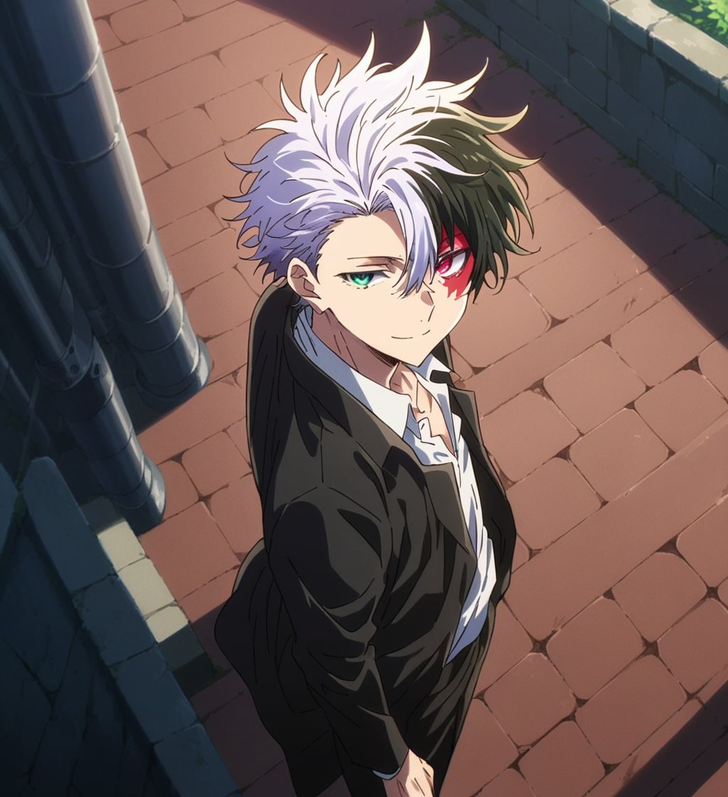 1boy,solo,looking at viewer,short hair,two-tone hair,split-color hair,black hair hair,white hair,heterochromia,two-tone eyes,left eye blue,right eye red,smile,closed mouth,shirt,long sleeves,black jacket,open clothes,white shirt,male focus,from above,stairs,pavement,rec frame:1.2,recording,32k,masterpiece,full quality,intricate,highest resolution,extremely detailed,finely detail,Visual Anime,anime coloring,anime_screencap,fake_screenshot,anime screencap coloring ,fine_ascxl,anime screencap