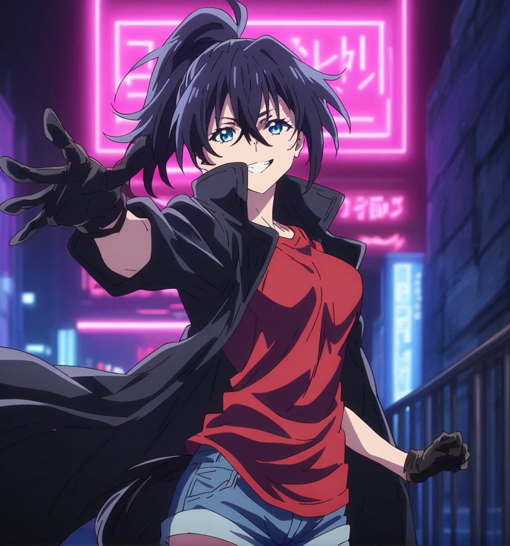 1girl, solo, looking at viewer, smile, bangs, blue eyes, shirt, black hair, gloves,hair between eyes, standing, tail, ponytail,shorts, grin,coat, black short,red shirt, outstretched arm,clenched hand,pony tail,black gloves, black coat,cyberpunk,cyberpunk modern city,neon lights,32k,masterpiece,full quality,intricate,highest resolution,extremely detailed,finely detail,Visual Anime,anime coloring,anime_screencap,fake_screenshot,anime screencap coloring ,fine_ascxl,anime screencap