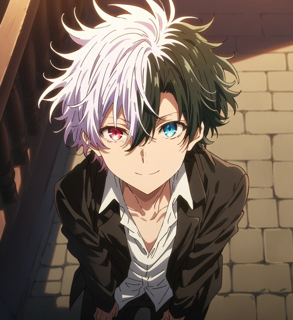 1boy,solo,looking at viewer,short hair,two-tone hair,split-color hair,black hair hair,white hair,heterochromia,two-tone eyes,left eye blue,right eye red,smile,closed mouth,shirt,long sleeves,black jacket,open clothes,white shirt,male focus,from above,stairs,pavement,rec frame:1.2,recording,32k,masterpiece,full quality,intricate,highest resolution,extremely detailed,finely detail,Visual Anime,anime coloring,anime_screencap,fake_screenshot,anime screencap coloring ,fine_ascxl,anime screencap