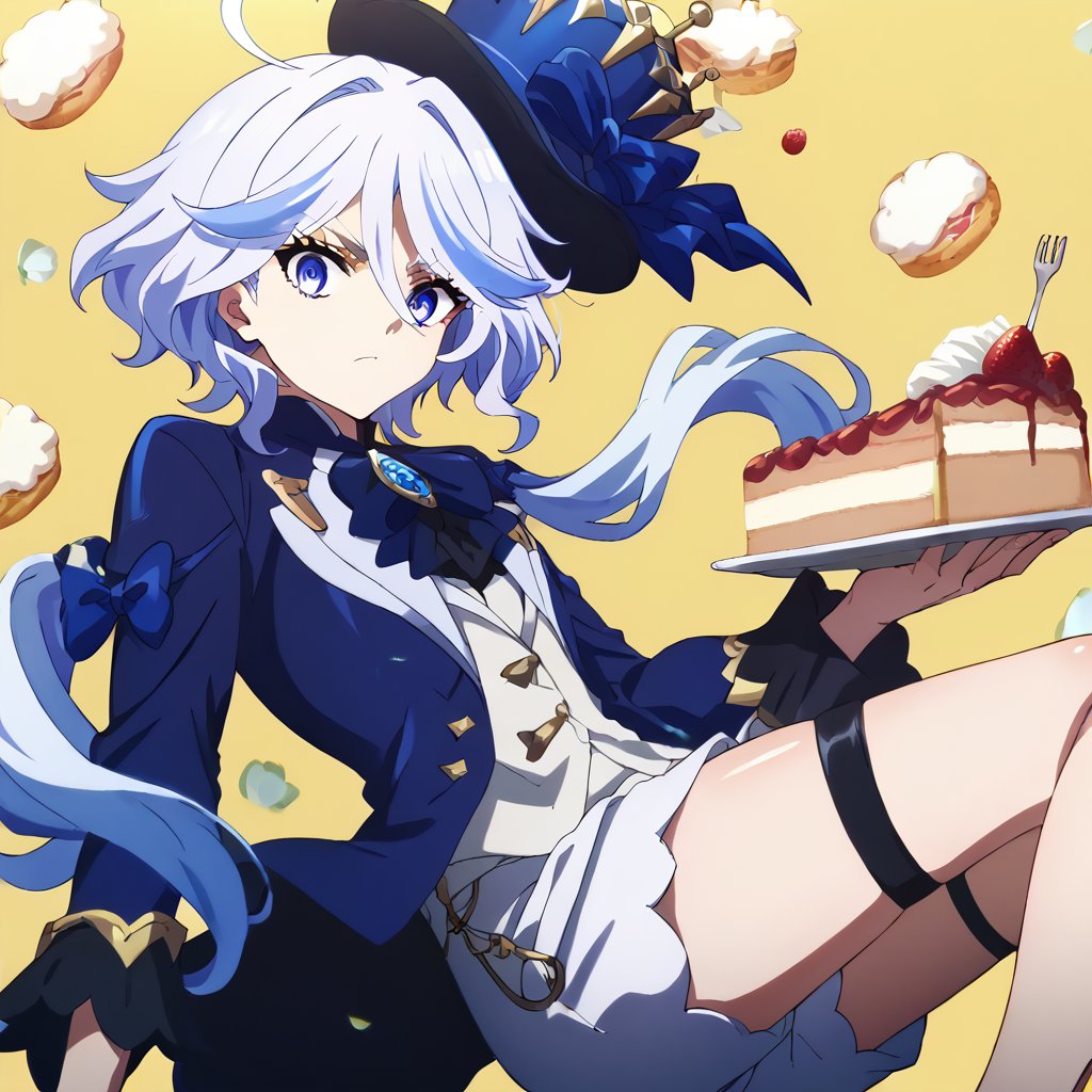 furinadef,1girl,solo,looking at viewer,top hat,white hair,blue hair streaks,shorts,blue eyes,thigh strap,long sleeves,ahoge,blue bow, black/white shorts,blue jacket,black/white hat bow,black/white vest,food,holding,cake,biscuits,yellow background,
anime_screencap,fake_screenshot,score_9,score_8_up, score_7_up, score_6_up, score_5_up,score_4_up,source_anime,fine anime screencap,style parody,official style,Visual Anime,anime coloring