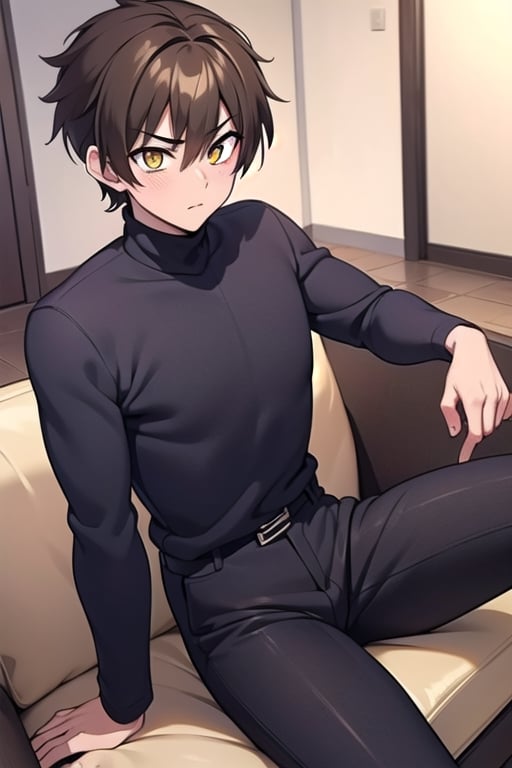 A portrait of a handsome man in a blue armored trench coat with a plain collar, short hair on the sides, brown hair, 25 years old, in the middle of a room, sitting on a black piece of furniture, night light, highly detailed, calm expression, yellow eyes shiny, wearing a black turtleneck shirt, black pants, torso photo, big muscles, defined muscles