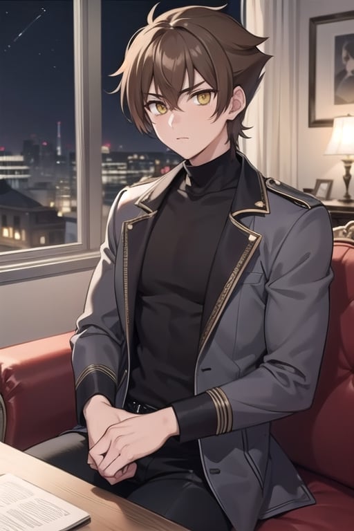 A portrait of a handsome man in a blue armored trench coat with a plain collar, short hair on the sides, brown hair, 25 years old, in the middle of a room, sitting on a black piece of furniture, night light, highly detailed, calm expression, yellow eyes shiny, wearing a black turtleneck shirt, black pants, torso photo, big muscles, defined muscles