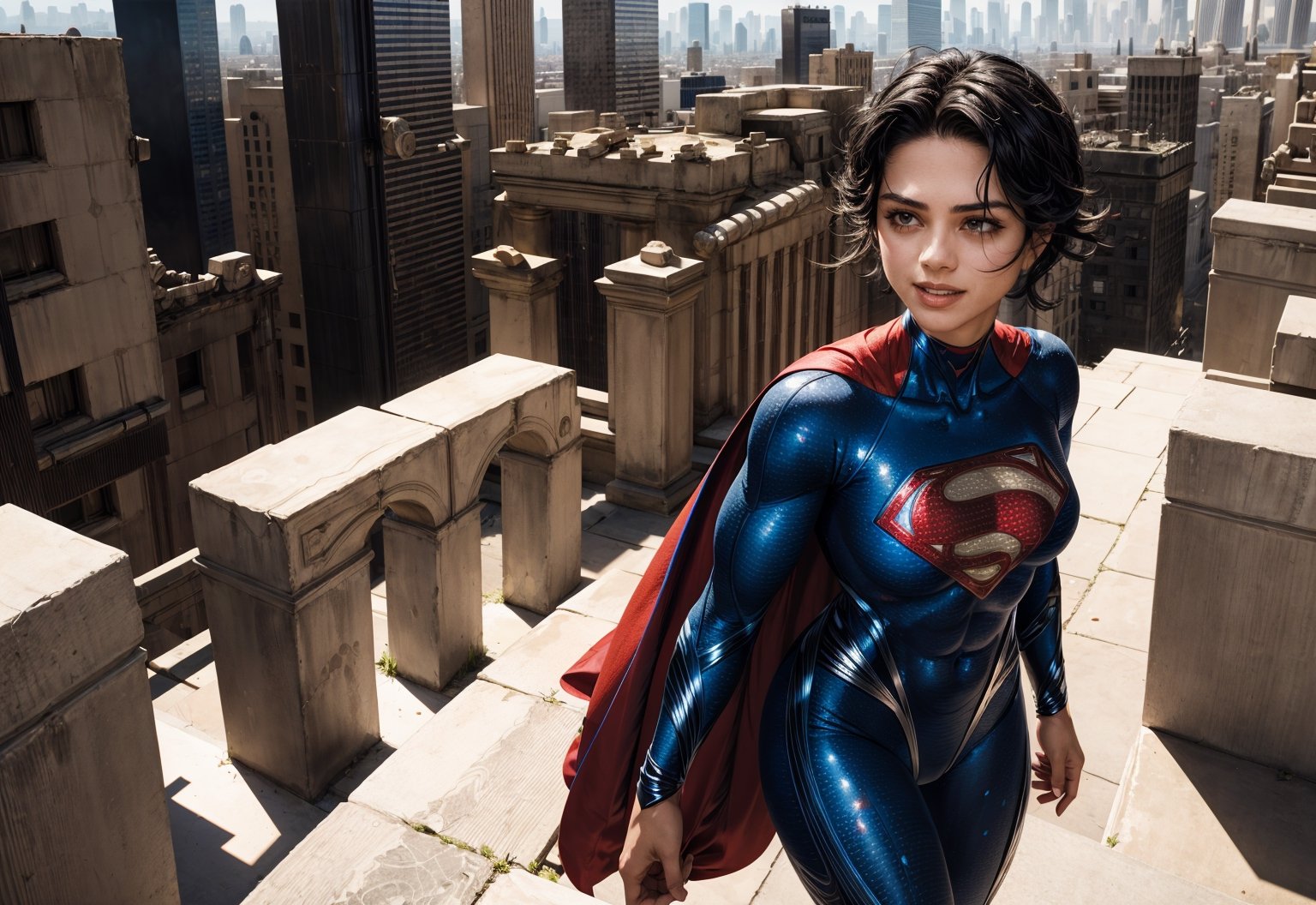 1girl, (superman suit), (black hair:1.2), (background city:1.2), volumetric lighting, smile,( medium breats, sexy muscle body), standing,sasha calle