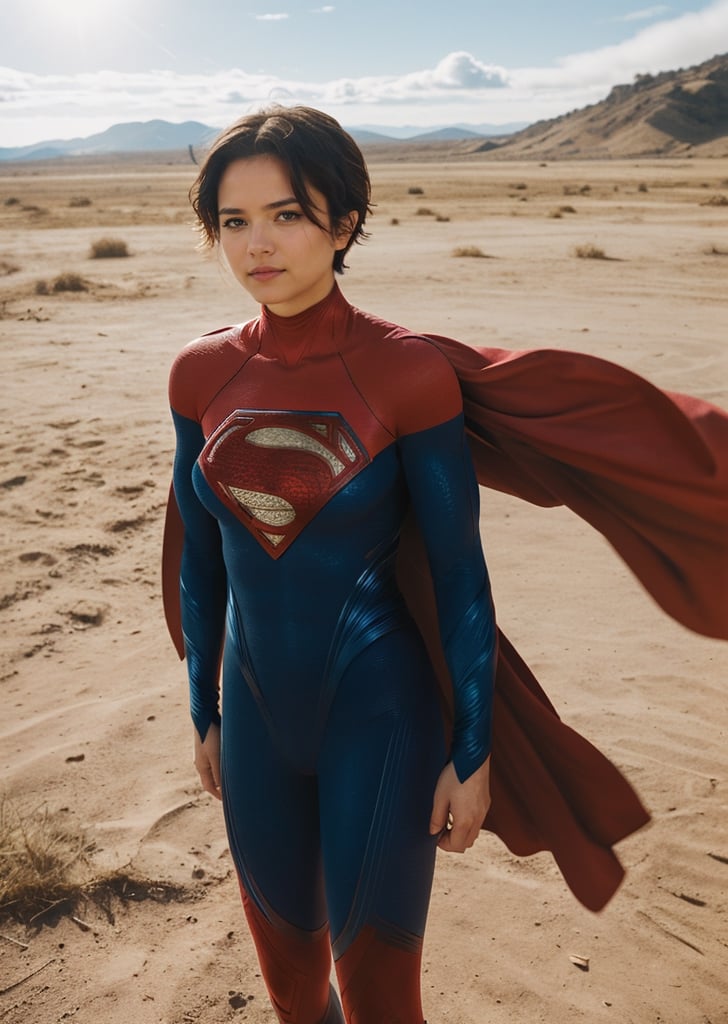 upper body photo of supergirl, short hair, bodysuit, red cape, regretful, outdoors sunny day, a virtual reality world becomes a prison, landscape, analog style (look at viewer:1.2) (skin texture), Fujifilm XT3, DSLR, 50mm  lora:Sasha Calle SupergirlV2:0.75
