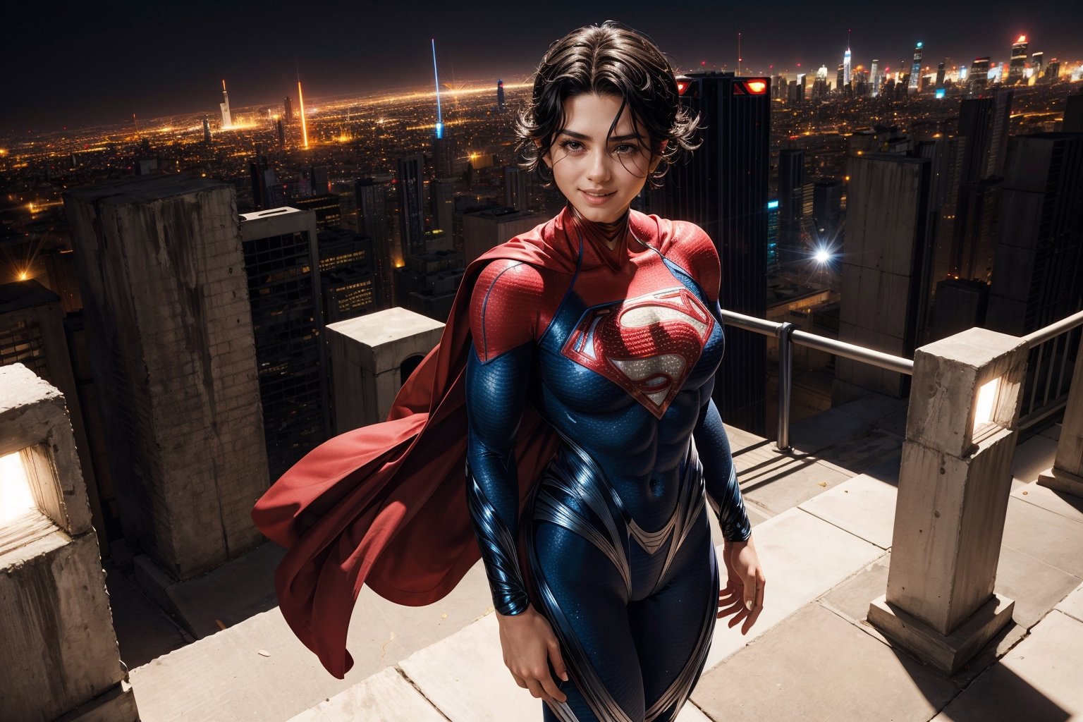 1girl, (superman suit), (black hair:1.2), (background city:1.2), volumetric lighting, smile,( medium breats, sexy muscle body), standing,sasha calle