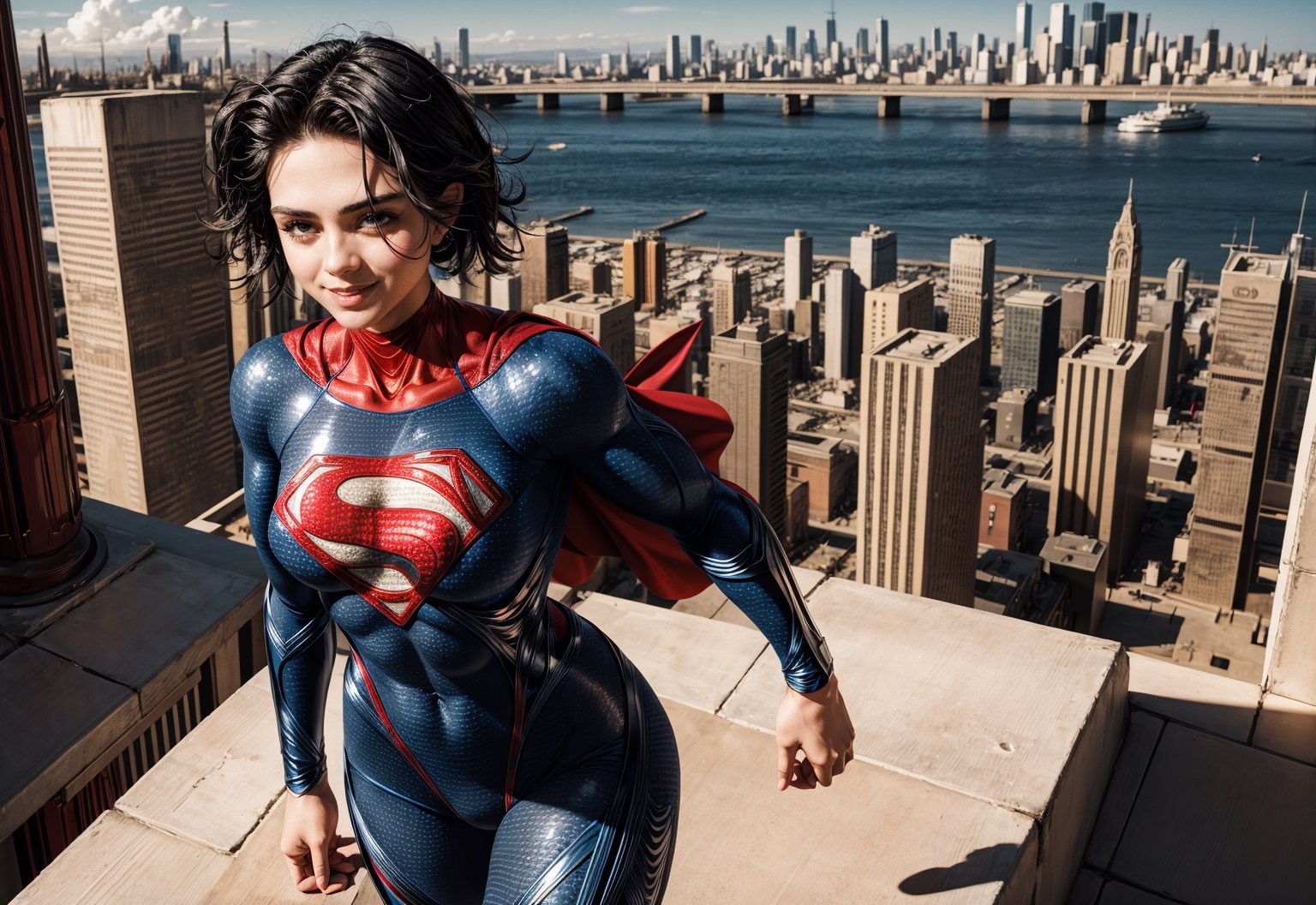 1girl, (superman suit), (black hair:1.2), (background city:1.2), volumetric lighting, smile,( medium breats, sexy muscle body), standing,sasha calle