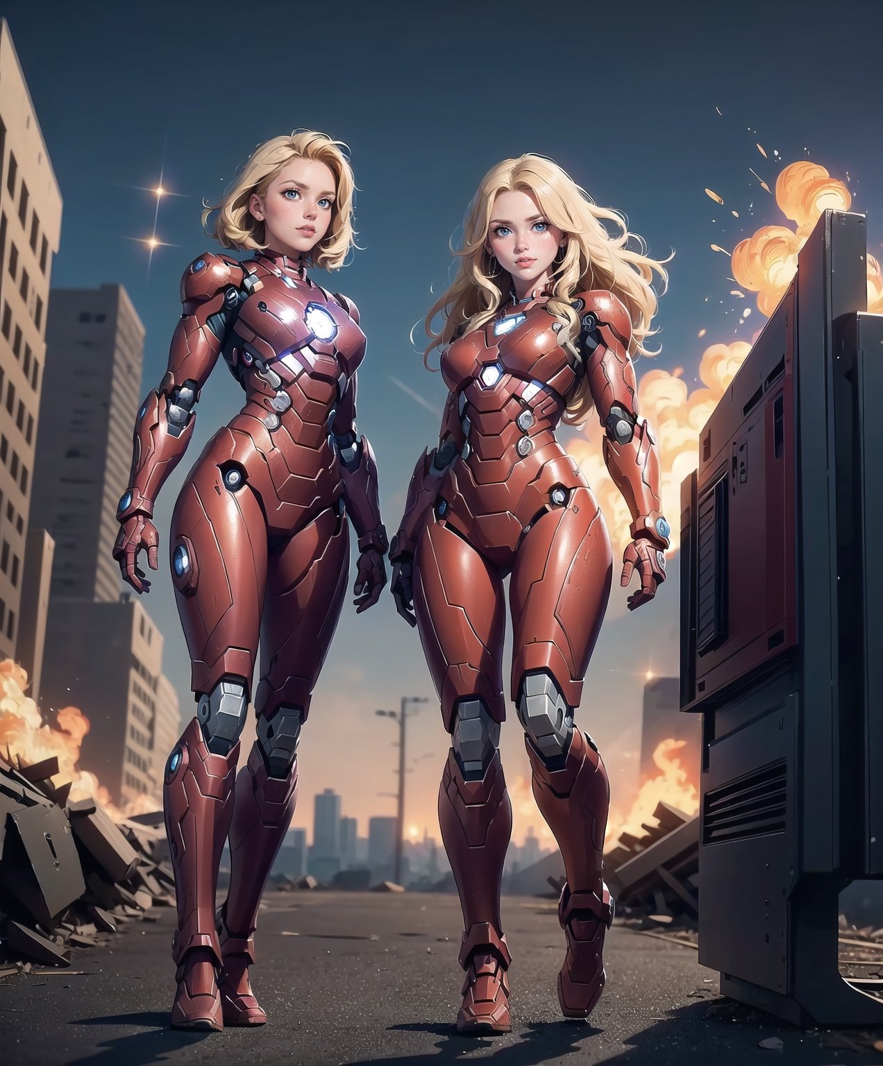 2girls twin sisters, both fighting pose, (masterpiece, top quality, 8K), detailed skin texture, detailed cloth texture, beautiful detailed face, intricate details, ultra Details, both ironman uniform, shine body,swaying middle hair, both blonde hairs, (full body: 1.1), (shy smile),jet flame bursting out from  both hands, jumping up,shining lighting, destroyed city background, evil robot standing,Detailedface,glitter,AGGA_ST002
