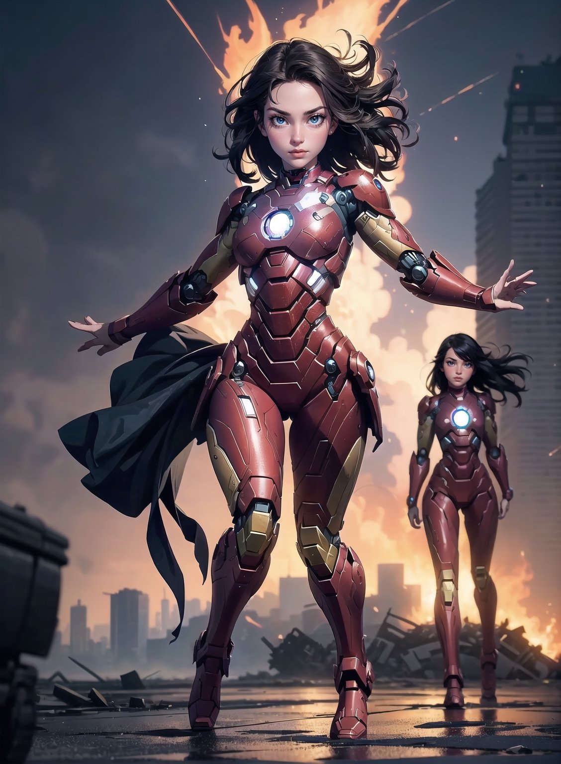 2girls twin sisters, both fighting pose, (masterpiece, top quality, 8K), detailed skin texture, detailed cloth texture, beautiful detailed face, intricate details, ultra Details, both ironman uniform, shine body,swaying middle hair, (full body: 1.1), (shy smile),jet flame bursting out from  both hands, jumping up,shining lighting, destroyed city background, evil robot standing,Detailedface,glitter,AGGA_ST002