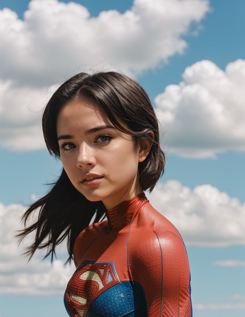 photo of supergirl, short hair, bodysuit, cape, outdoors sunny day, background sky, analog style (look at viewer:1.2) (skin texture), Fujifilm XT3, DSLR, 50mm  lora:Sasha Calle Supergirl:0.85
,sasha calle