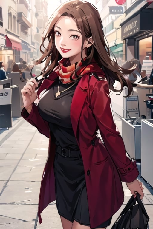 brown_hair, long_hair, scarf, black_clothes, red_lips, red_lipstick, brown_eyes, smile, medium_breast, necklace, smile, red_scarf, black_coat, brunette, light_brown_skin,  comic style 