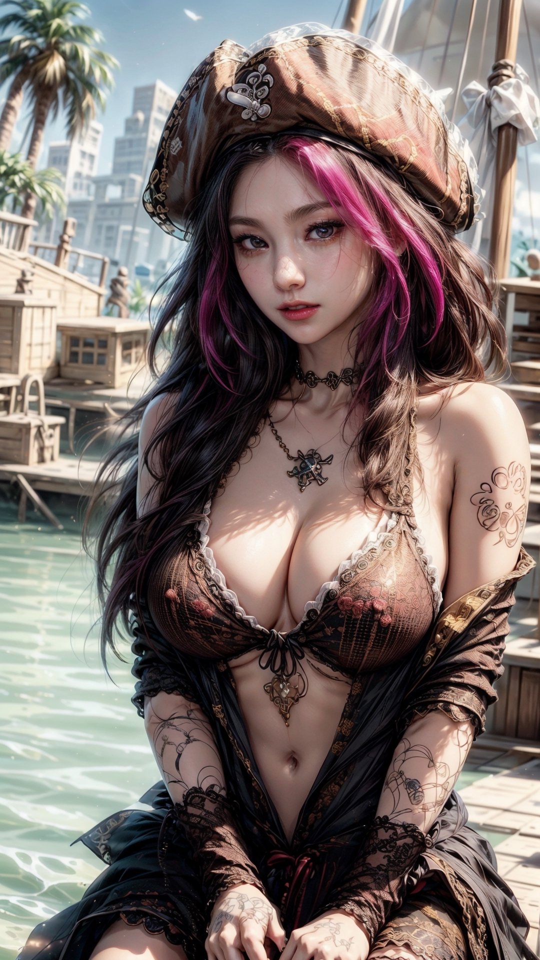 nsfw, analog style, photo of a girl, (1girl, pirate girl), catears, furious expression, smile face, (  hair braid), ((pretty face: 1.7, perfect face:1.5)),(huge breasts), pale skin, shinny skin, cross tattoo, scar, white clothes, pirate clothes, pirate hat, leaning on the mast, gesturing hands, sword, pirate ship, sea, 8k, 3d, (best quality:1.5, hyperrealistic:1.5, photorealistic:1.4, madly detailed CG unity 8k wallpaper:1.5, masterpiece:1.3, madly detailed photo:1.2), (hyper-realistic lifelike texture:1.4, realistic eyes:1.2), (octane render, unreal engine 5),1girl,no_bra,, 1girl, , kocal, black hair, pink highlight, , no_bra