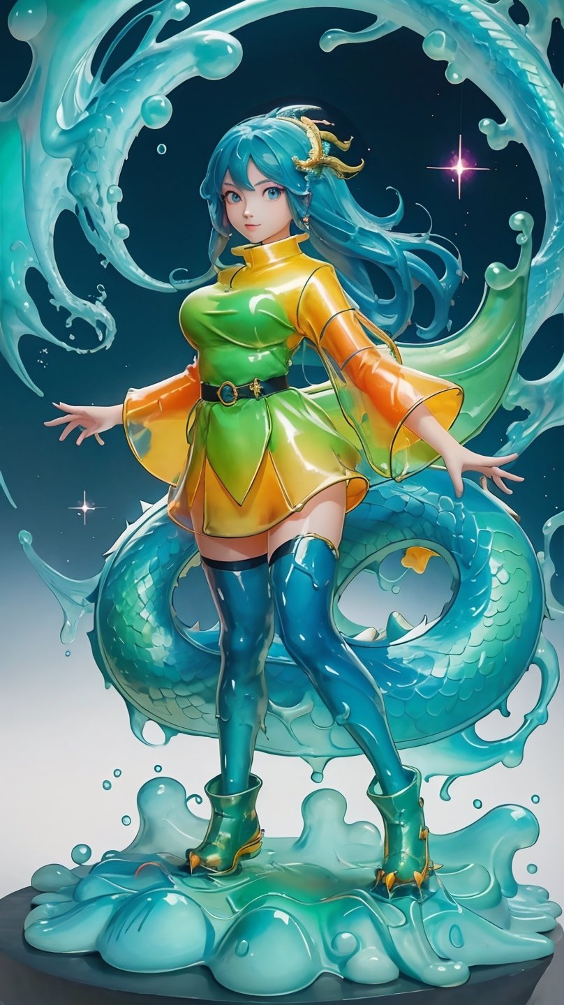 a young woman, full body, vibrant color,dragon slime,slime_girl, transparent:1.1,,masterpiece,dragon-themed