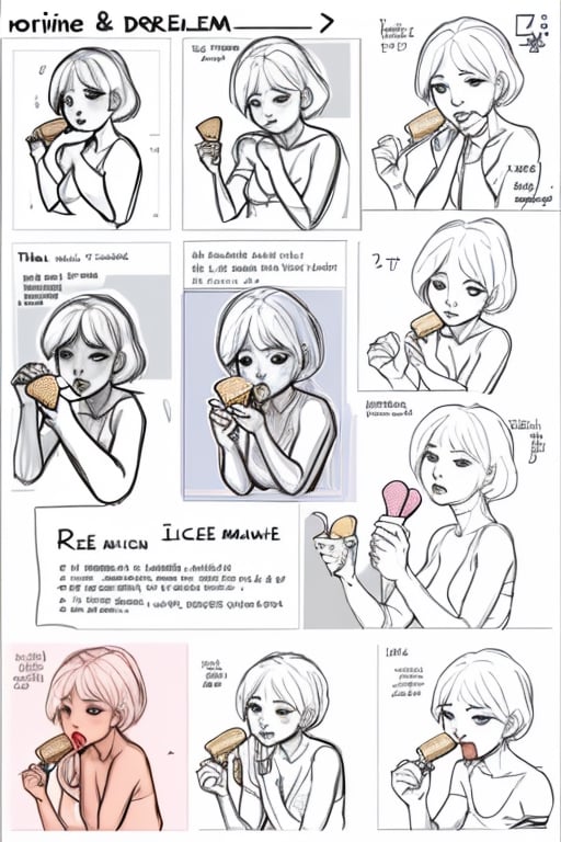 draft, outline, reference sheet, drawing a gril eating an ice cream
