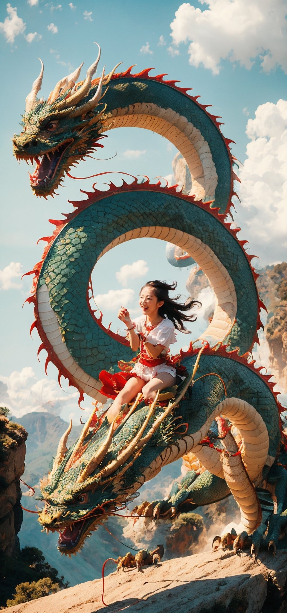 (masterpiece, best quality, ultra-detailed, 8K, ), high detail, 
1girl, , riding a dragon,  fly speedy on the sky,dragon-themed,dragonyear