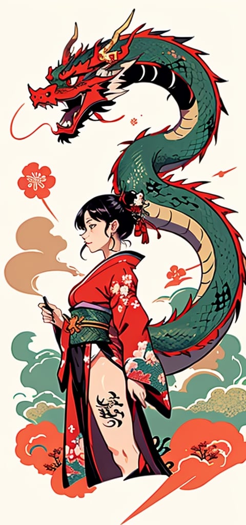 sfw,  1girl, japan,  tattoo dragon ,dragon-themed,