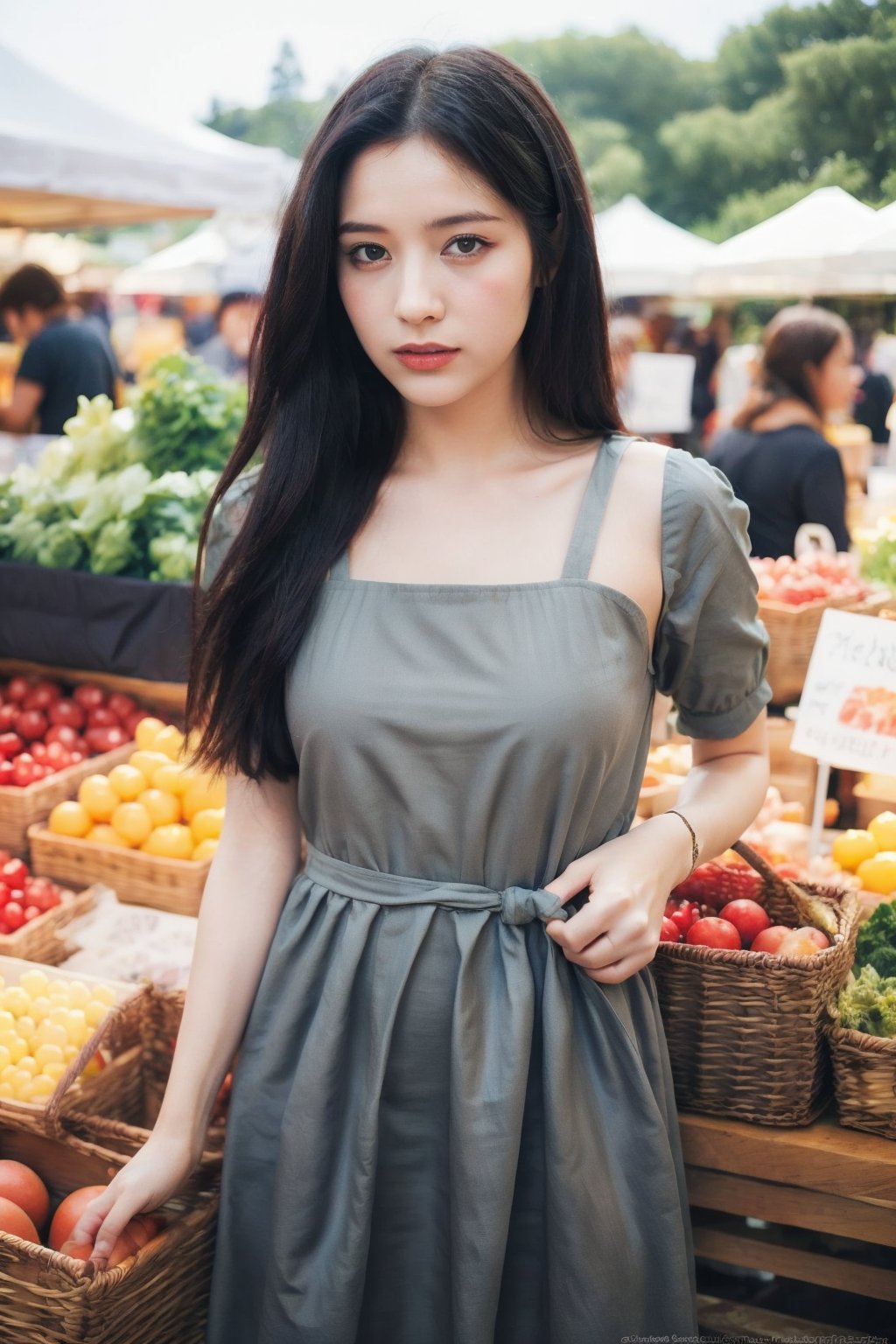 A medieval girl in traditional dress, vegetables and fruits, at a farmer's market, mysterious medieval, masterpiece,High detailed,watercolor,simplecats,swedish dress