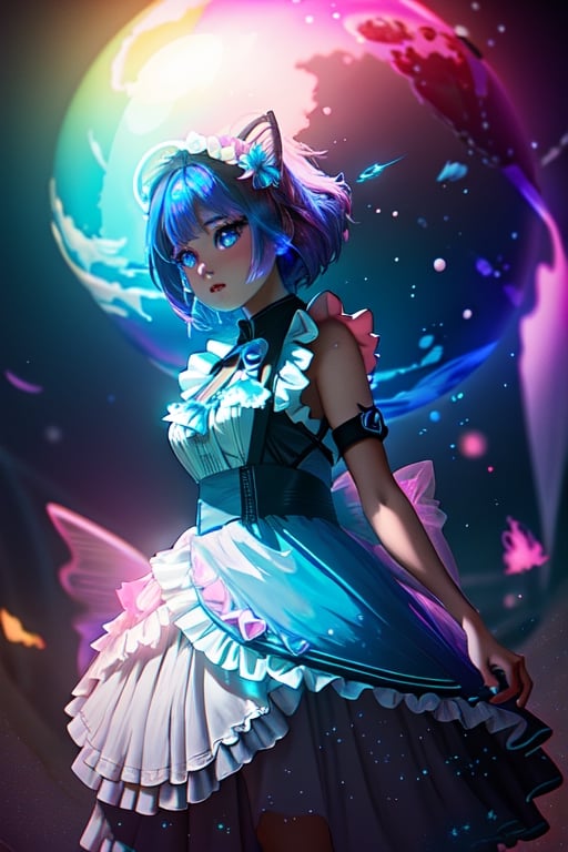 nebula,  a beautiful a crystal ball, outdoor, thematic background, neon, glow, fluttering symbols, | depth of field, bokeh, | smooth detailed shadows, hyperealistic shadows, (saturated color) | ,(unreal engine, pixar style), (3d model),maid,  1girl,  full_body maid_dress