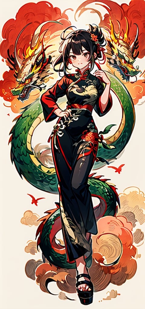 sfw,  1girl, qipao ,dragon-themed,complex background, wood