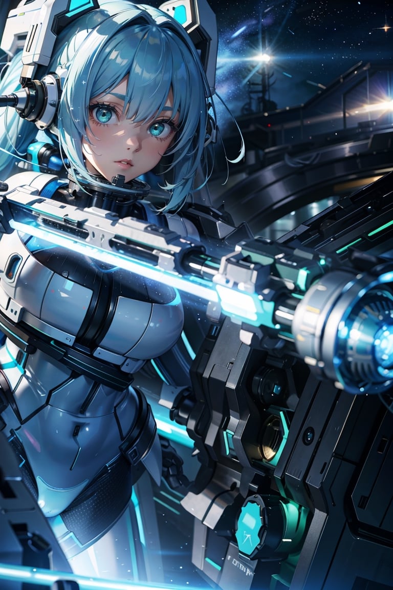 4K,hight resolution,One Woman, light blue hair,poneyTail.Green eyes,Colossal ,White Cybersuit,Bodysuits, Longsword, spaceship at the background in the space,mechanical