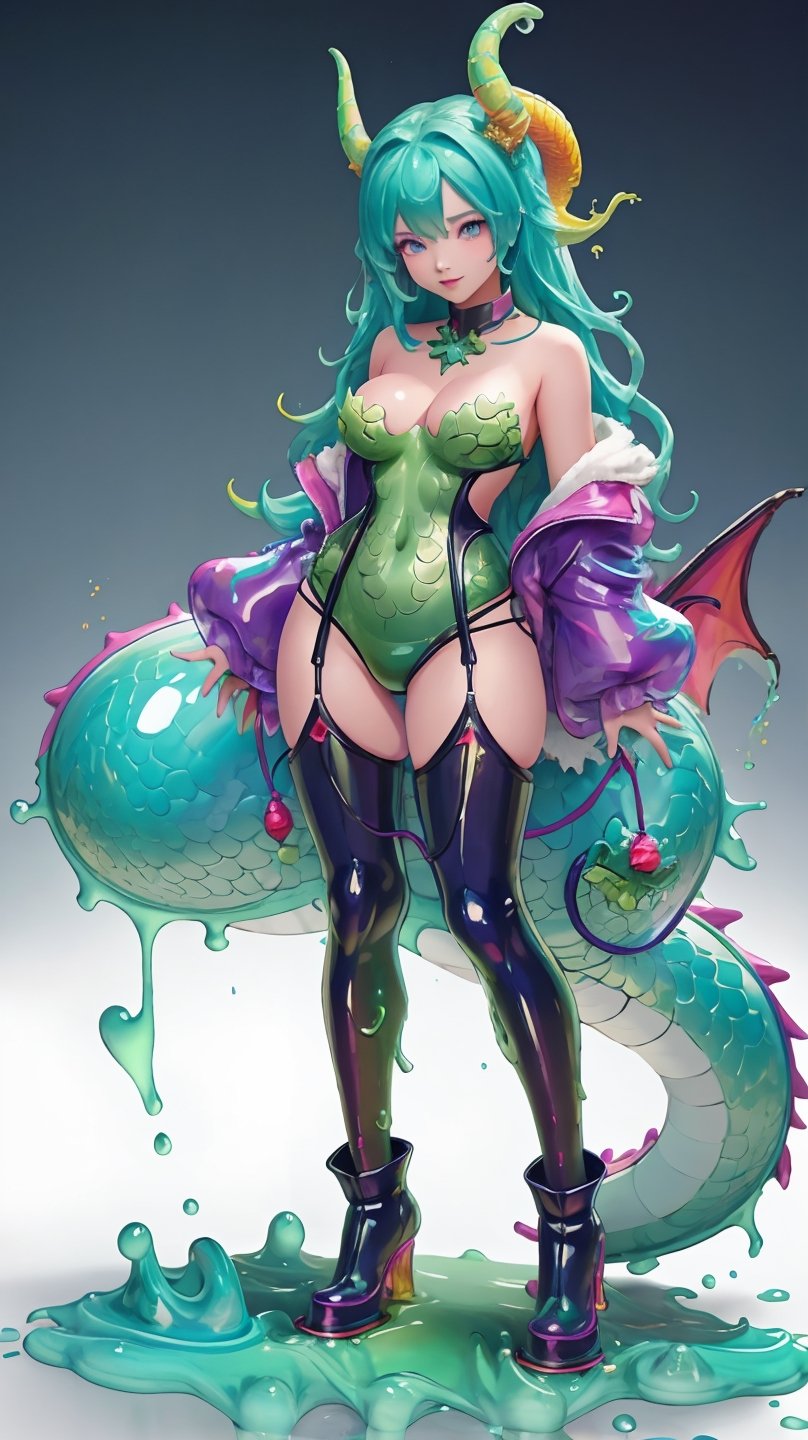 a young woman, full body, vibrant color,dragon slime,slime_girl, transparent:1.1, nsfw,masterpiece,dragon-themed