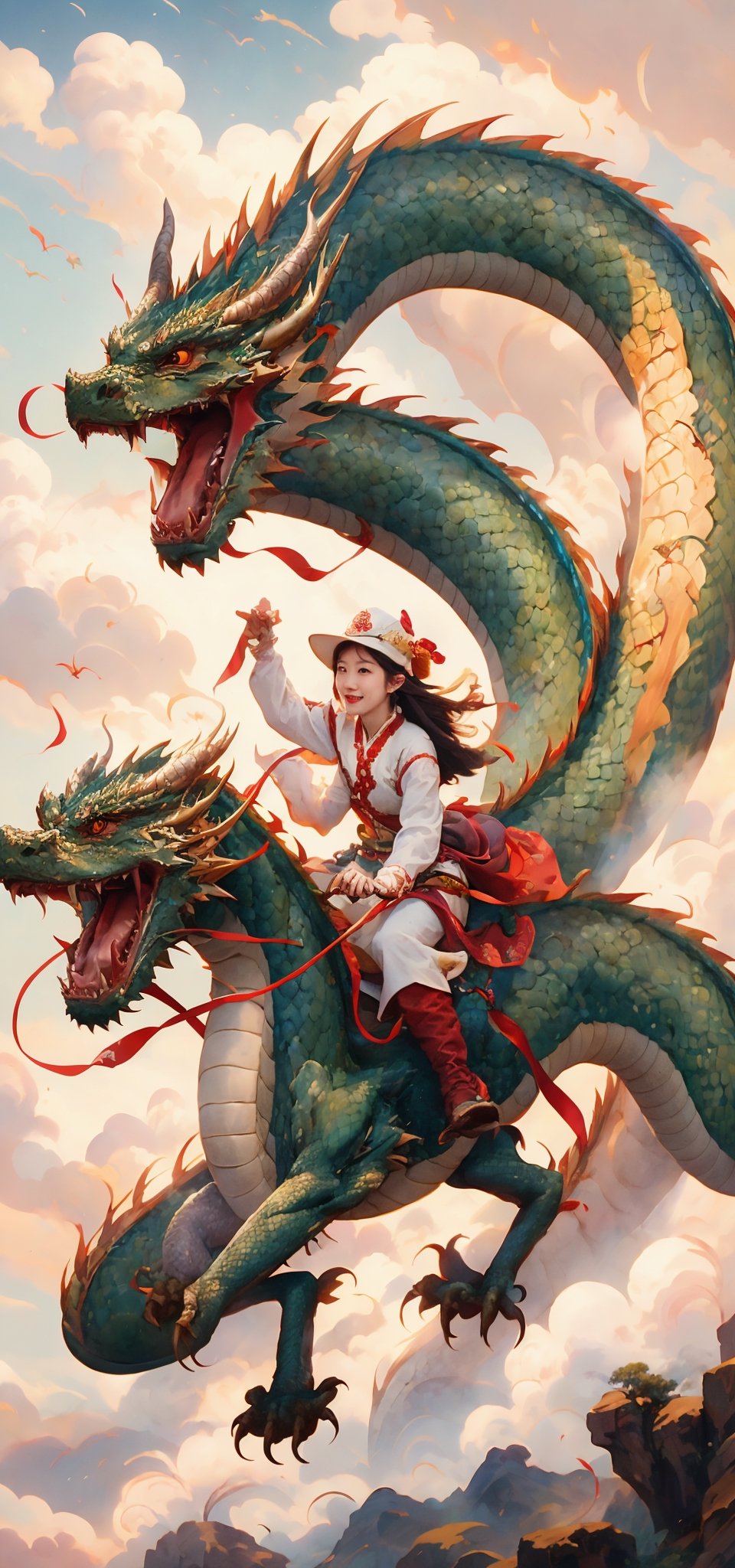 (masterpiece, best quality, ultra-detailed, 8K, ), high detail, 
1girl, , riding a dragon,  fly speedy on the sky,dragon-themed