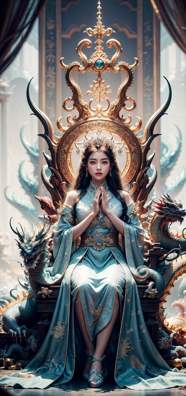 crystalline_style,In a grand hall, a Chinese queen sits on a dragon-adorned throne, traditional attire worship , The atmosphere is reverent, with incense scenting the air. The image captures the regality of the queen, the reverence of her subjects, and the mythical presence of dragons.dragonyear, ,dragon-themed,close up,crystalline_style